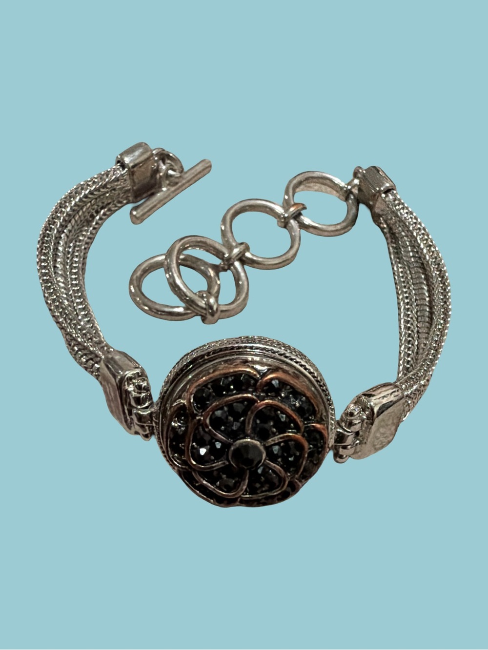 Vintage-Inspired Silver Black Crystal Floral Bracelet